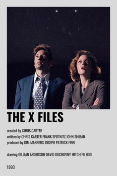 the x files movie poster with two people standing next to each other in front of a dark background