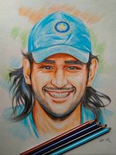 a drawing of a smiling man with long hair and a blue cap on his head