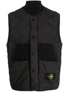 black cotton blend signature Compass motif logo patch to the front quilted front button fastening sleeveless two front patch pockets Quilted Gilet, Patch Quilt, Outerwear Vest, Stone Island, Emporio Armani, Compass, Black Cotton, Patch Logo, Patch Pocket