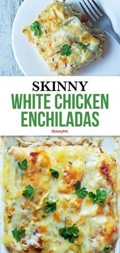 skinnyy white chicken enchiladas on a plate with a fork