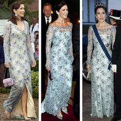 three pictures of the same woman in dresses and hats, one is wearing a tiara