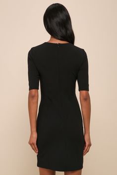 Sass and class come together perfectly with the Lulus Westwood Black Half Sleeve Sheath Dress! Ponte knit shapes this perfect-for-work dress with half sleeves, crew neckline, and princess-seamed bodice. Fitted waist tops a flattering sheath skirt with front pleats and overlapping hem. Hidden back zipper/clasp. Fit: This garment fits true to size. Length: Mid-thigh. Size medium measures 36.5" from shoulder to hem. Bust: Great for any cup size. Waist: Fitted - stretchy fabric allows custom fit. Hi Short Sleeve Bodycon Dress For Work, Elegant Half Sleeve Mini Dress For Formal Occasions, Elegant Formal Mini Dress With Half Sleeves, Elegant Formal Half Sleeve Mini Dress, Formal Elegant Half Sleeve Mini Dress, Fitted Boat Neck Mini Dress For Formal Occasions, Formal Fitted Bodycon Dress With 3/4 Sleeve, Fitted Half Sleeve Office Dress, Classic Short Sleeve Bodycon Dress