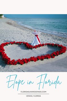 heart of red roses set up on the beach with a ceremonial table for an elopement ceremony. "Elope in Florida" Elope In Florida, Beach Aisle, Beach Elopement Ceremony, Wedding Destination Ideas, Wedding Photo Sharing, Forever Book, Destination Ideas, Intimate Ceremony