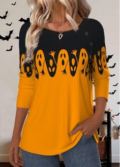 Color:Orange;Size:S;Size:M;Size:L;Size:XL;Size:XXL;Package Contents:1 X T Shirt;Occasion:Other;Style:Casual; Cheap Orange Shirt For Women, Cheap Long Sleeve Dress Shirt With Buttons, Casual Orange Tops For Halloween, Spooky Orange Long Sleeve Tops, Orange Long Sleeve Spooky Top, Casual Yellow Top For Halloween, Orange Buttoned Tops For Fall, Fall Orange Tops With Buttons, Orange Tops With Buttons For Fall