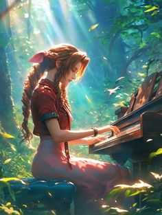 a woman sitting at a piano in the middle of a forest with sunlight streaming through her hair