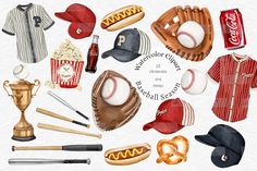 watercolor clipart baseball items and trophies