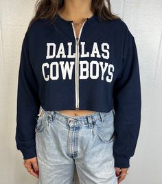 "Dallas Cowboys Cropped Zip-up Sweatshirt Size:  Various Sizes Available- unisex fit Model is 5'9' and wearing a medium size with a 13\" zipper in the photo Choose your zipper length at checkout: 13\" Zipper is shown in photo, this will show some stomach 15\" Zipper usually hits waist line" Dallas Cowboys Game, Dallas Cowboy, Cropped Zip Up, Dallas Cowboys, Cute Tops, Zip Up, Medium Size, Sweat Shirt, What To Wear