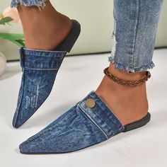 Lasaky - Classic Denim Blue Pointed-Toe Slip-On Loafers with Round Buckle Detail and Easy Slip-on Fit Denim Slippers, Mule Flats, Denim Flats, Denim Heels, Canvas Flats, Blue Point, Sneakers Looks, Outdoor Fashion, Casual Slippers