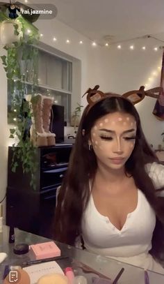 Winter Costumes Ideas, Dear Makeup Halloween, Deer Costume Halloween, Bambi Halloween Costume, Sleepover Makeup, Deer Makeup Halloween, Deer Costume Makeup, Bambi Costume, Dear Makeup