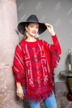 Red Long Sleeve Poncho, One Size, Red Bohemian Poncho For Winter, Folk Style Red Poncho For Winter, Red Folk Style Poncho For Fall, Red Bohemian Cape Poncho, Red Bohemian Poncho Cape, Red Long Sleeve Poncho For Festival, Multicolor Folk Poncho For Winter, Mexican Sweater