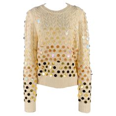 MARC JACOBS sweater in a cream wool cashmere blend knit featuring payette sequins which ombre from clear to an opaque gold, lace-like see-through knit technique, raised shoulders, and a crew neck.Very Good Pre-Owned Condition. Moderate signs of wear on payettes. Marked: M Measurements: Shoulder: 15 inches Bust: 35 inches Sleeve: 31 inches Length: 21.5 inches Sui Generis Reference: 130697 Category: Sweater - Womens More Details Brand: MARC JACOBS Gender: Female Size: M Color: Cream Color 2: Gold Fabric: Wool / Cashmere Pattern: payettes Style: Crew-Neck Age Group: Adult Marc Jacobs Sweater, Gold Fabric, Gold Lace, Cream And Gold, Color 2, Cream Color, Sweater Outfits, Marc Jacobs, Gender Female