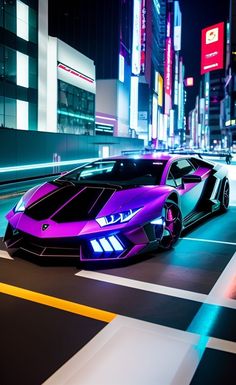 a purple sports car parked on the side of a road in front of tall buildings