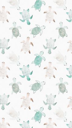 a white wallpaper with sea turtles and fish in pastel blue, green and pink colors