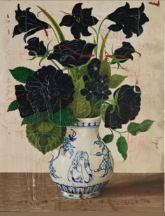 a painting of black flowers in a blue and white vase on a wooden table with green leaves