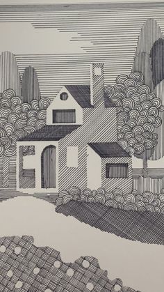 a black and white drawing of a house in the distance with trees on either side