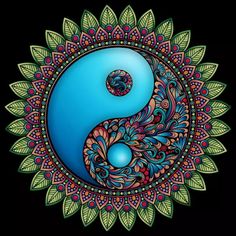 the yin symbol is painted on a black background with colorful flowers and leaves around it