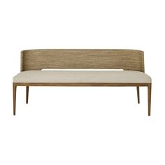 an upholstered bench with wooden legs and fabric seat padding, on a white background