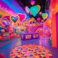 an indoor play area with lots of colorful lights and decorations on the walls, including heart shaped balloons