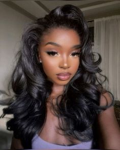 Curls For Long Hair Black Women, Black Women 90s Hairstyles, Feathered Side Bangs, Kibbe Hair, Big Hair Black Women, Taurus Midheaven, 90s Bombshell Hair, Bougie Hair, Aesthetic Hairstyle