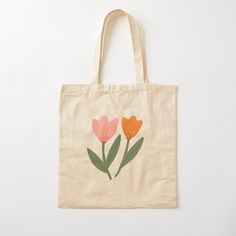 100% cotton reusable shopping carry bag with digital print on one side. Two little tulips, orange and pink flower Tote Bag Painting Ideas Flowers, Tote Bags Painting Ideas, Handpainted Totebag, Tote Bag Painting Ideas Easy, Easy Tote Bag Painting, Totebag Painting, Tulips Orange, Shopping Bags Diy, Tote Bag Painting