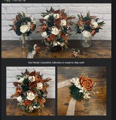 three different pictures of flowers in vases with ribbons on the bottom and below them