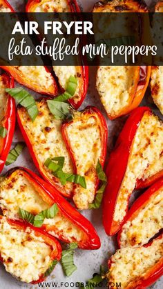 mini peppers stuffed with feta and topped with basil leaves Stuffed Peppers Appetizer, Feta Stuffed Peppers, Red Pepper Recipes, Fried Goat Cheese, Feta Recipes