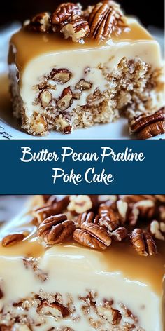 a slice of pecan pralie poke cake on a plate