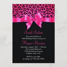 pink and black leopard print birthday party card with a bow on the front, featuring an animal print