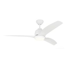 a white ceiling fan with a light on the top and two blades attached to it