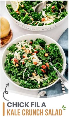 two white bowls filled with kale salad on top of a table