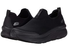 SKECHERS D'Lux Walker - Quick Upgrade - Women's Shoes : Black : The SKECHERS D'Lux Walker - Quick Upgrade sneaker offers total comfort in a casual silhouette made of a stretchable flat knit mesh fabric upper featuring a heathered finish and synthetic hot-melt overlays. Slip-on styling. Round toe with durable reinforcement at the bumper. Pull-tabs at the instep and heel for easy entry. Relaxed Fit silhouette for a roomy and comfortable fit. Padded collar with extra padding at the heel. Signature Black Stretch Synthetic Sneakers, Black Stretch Slip-on Sneakers, Black Functional Slip-on Sneakers With Arch Support, Athleisure Stretch Sneakers With Synthetic Material, Athleisure Stretch Sneakers In Synthetic Material, Athleisure Stretch Synthetic Sneakers, Stretch Mesh Sneakers For Athleisure, Black Slip-resistant Sneakers For Workout, Black Slip-resistant Workout Sneakers