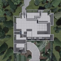 an aerial view of a house in the middle of some trees and bushes, with stairs leading up to it