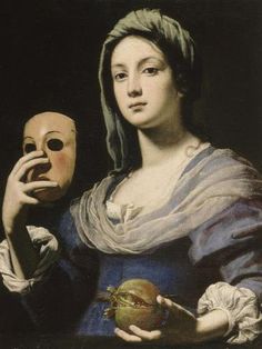 a painting of a woman holding a mask in one hand and a ball in the other