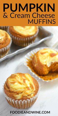 pumpkin and cream cheese muffins with text overlay