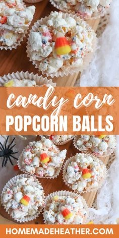 some candy corn popcorn balls are on a wooden board and in the background is a spider