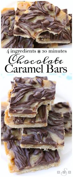 chocolate caramel bars stacked on top of each other with text overlay that reads