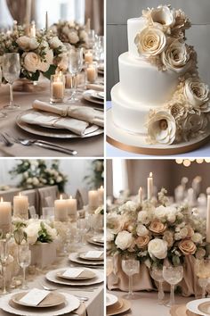 wedding cake with flowers and candles on the table in four different pictures, including one for centerpieces