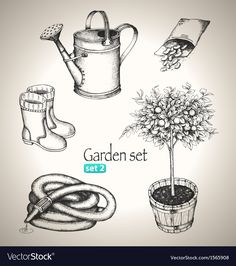 hand drawn garden set with watering can, potted plant and rubber boots - stock photo