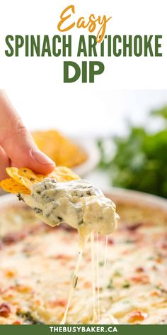 a hand holding a tortilla chip with spinach artichoke dip