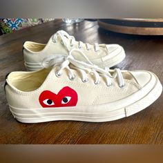 This Pair Was Worn One Time Only. So Basically Brand New. Off White Low Top Cdgs With Red Heart Logo On Each Side. They Are A Size 7 In Men’s And Size 9 In Women’s. They Run Big Which Is Why I’m Selling. Authentic. No Box. Converse Heart Shoes, Converse Cdg, Comme Des Garcons Play Converse, Converse X Comme Des Garcons, Cdg Converse, Converse Comme Des Garcons, Quirky Shoes, Play Converse, Garcons Converse