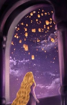 a girl looking out the window at lanterns floating in the sky