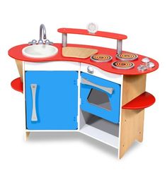 a child's play kitchen set with sink, stove and oven in red and blue