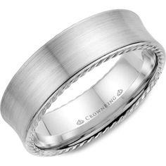 CrownRing Men's Wedding Band - Concave Satin Finish with Braided Rope Edging in 14K White Gold - 7mm Width from the Carved Collection Detailed Wedding Band, Rope Wedding Band, Men In White, Wedding Band For Men, Modern Groom, Wedding Planning On A Budget, Sophisticated Wedding, Crown Ring, Wedding Ring Designs