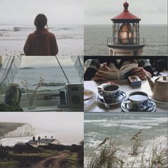 a series of photos with people sitting at a table and the ocean in the background