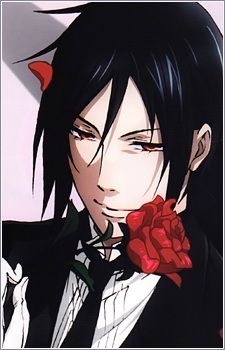 an anime character with black hair holding a red rose