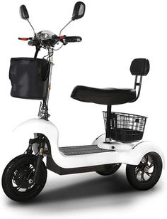 a white scooter with a basket on the front and back wheel, against a white background