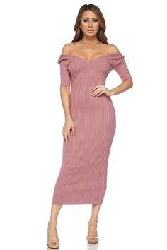 Mauve Half Sleeve Off Shoulder Ribbed Midi Dress Boutique Maxi Dresses, Cold Shoulder Maxi Dress, Mauve Dress, Chic Dress