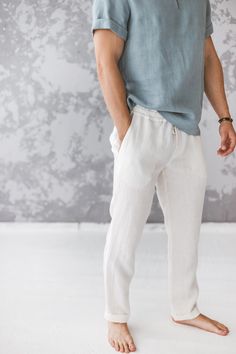 "White linen pants men, wedding pants, summer trousers, drawstring elastic waist pants, classic linen pants, beach wedding pants, laungewear Classic model, eco-friendly loose almost straight and at the same time stylish linen pants are made of high quality softened Baltic pure linen. Perfect choice for your special day, holidays, loungewear or any other occasion. For your special event we recommend ordering the long linen shirt/kaftan: https://www.etsy.com/listing/900445666/white-wedding-shirt-m Summer Linen Wide Leg Sweatpants, Summer Linen Wide-leg Sweatpants, Linen Straight Leg Sweatpants For Summer, Straight Leg Linen Sweatpants For Summer, Summer Linen Sweatpants With Relaxed Fit, Mens Linen Pants Outfit, White Linen Pants Men, Linen Pants Outfit Men, Linen Pants Beach