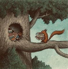 an illustration of a squirrel reading a book in a tree with books on its back