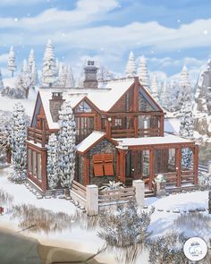 a painting of a house in the middle of a snowy landscape with trees and bushes